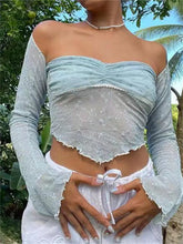 Flower Embroidery Tube Strapless Off Shoulder Mesh See Through Vest Summer with Long Sleeve T shirts Crop Top