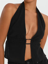 Front Split Low Cut Halter Sleeveless Backless Off Shoulder Lace up Mini Vest Streetwear Crop Top