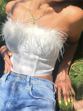 Fur Feather Patchwork Tube New Summer Strapless Off Shoulder Backless Back Zip Up Slim Vest Crop Top