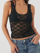 Lace Sleeveless Round Neck Backless Mesh See through Slim Fit Summer Cropped Mini Vest Clubwear Crop Top