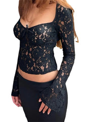 Lace Floral Hollow Out Cropped Long Flare Sleeve V neck Slim Fit Solid T shirts
