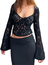 Lace Floral Hollow Out Cropped Long Flare Sleeve V neck Slim Fit Solid T shirts