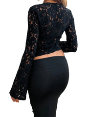 Lace Floral Hollow Out Cropped Long Flare Sleeve V neck Slim Fit Solid T shirts