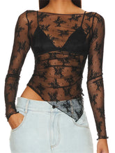 Lace Floral Long Sleeve Asymmetrical Hem Crop Mesh See Through Black Slim T shirts