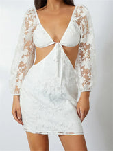 Long Sleeve V Neck Tie up Backless Floral See Through Mini Dresses