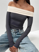 Long Sleeve Crop Contrast Color Off Shoulder Casual Club Streetwear Aesthetic T shirts