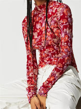 Mesh Slim Fit Ruched Ruffles Floral Print Long Sleeve High Neck Spring Summer T shirts