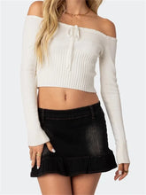Off Shoulder Crop Knitwear Solid Color Long Sleeve Tie up Slim Fit T shirts