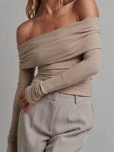 Knitted Ribbed Slash Neck Solid Streetwear T shirts