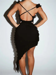 Ruffles Deep V neck Asymmetrical Hem Party Mini Dresses