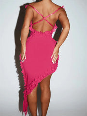 Ruffles Deep V neck Asymmetrical Hem Party Mini Dresses