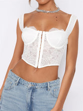 See Through Mesh Sheer Camisoles Lace Slim Fit Low Cut Square Neck Buttons Vest Streetwear Crop Top