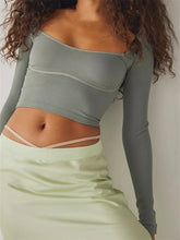 Solid Color Ribbed Crop Square Neck Long Sleeve Spring Fall Slim Fit T shirts