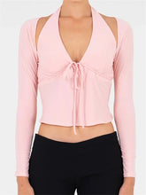 Summer Halter Solid Color Backless Off Shoulder with Long Sleeve Shrugs Streetwear Crop Top