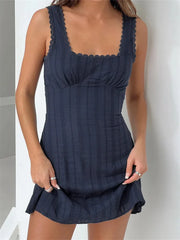 Lace Trim A line Solid Color Square Neck Mini Dresses