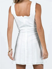 Lace Trim A line Solid Color Square Neck Mini Dresses