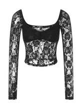 Long Sleeve V neck See through Lace Slim Mesh Sheer Cropped Summer Clubwear T shirts