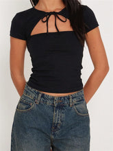 O Neck Short Sleeve Front Lace up Hollow Out Summer Black Party Clubwear T shirts