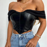 CHRONSTYLE Tube Top Cropped Vest Sleeveless PU Leather Back Zipper Exposed Navel Mesh Yarn Sleeve Suspender Tank Crop Top