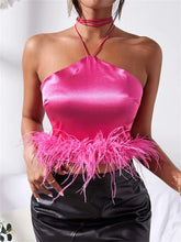 Y2K Vest Sleeveless Off Shoulder Halter Tie up Backless Feather Patchwork Summer Tube Club Party Tank Crop Top