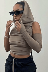Cropped backless single-sleeve hooded slim top