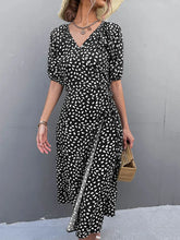 Casual Chiffon Side Wrap Polka Dot Puff A line Split Midi Dresses