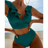 Multicolor Lace V Neck Ruffle High Waist Basic Swimsuit