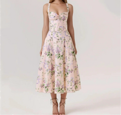 Pink Floral Print Bow Ruched Midi Dress