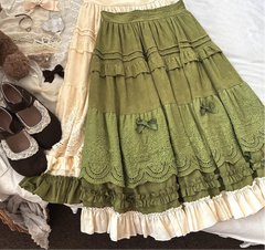 Embroidery Lace Floral Bow Ruffles Long Skirt - Sweet A-Line