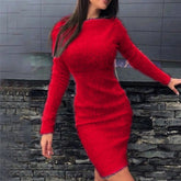Long Sleeves O Neck Mini Chic Slim Plush Knit Bodycon Dress