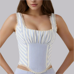 Blue Stripe Lace Trim Corset Top