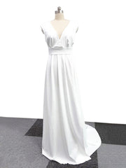 Elegant Casual Women's Dresses V neck Side Slit Backless White Long Skirt Wedding