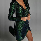 Elegant Deep V Neck Sequin Mini Dress Long Sleeve Party Dress