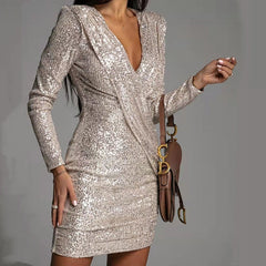 Elegant Deep V Neck Sequin Mini Dress Long Sleeve Party Dress