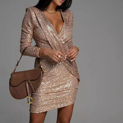 Elegant Deep V Neck Sequin Mini Dress Long Sleeve Party Dress