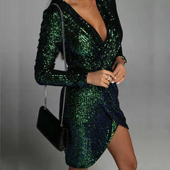 Elegant Deep V Neck Sequin Mini Dress Long Sleeve Party Dress