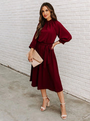 Elegant Office Dress Formal Loose Green Long Sleeve Belt A Line Midi Dresses