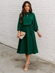 Elegant Office Dress Formal Loose Green Long Sleeve Belt A Line Midi Dresses