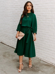Elegant Office Dress Formal Loose Green Long Sleeve Belt A Line Midi Dresses