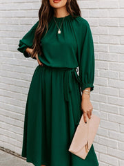 Elegant Office Dress Formal Loose Green Long Sleeve Belt A Line Midi Dresses