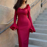 Elegant Solid Color O Neck Flare Sleeve Lace up Ruffles Maxi Dress