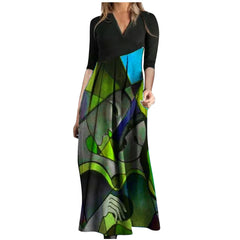 Chic V Neck Spring Summer Loose Casual Ruffle A Line Floral Printed Bohemian Beach Dress