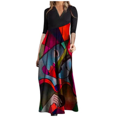 Chic V Neck Spring Summer Loose Casual Ruffle A Line Floral Printed Bohemian Beach Dress