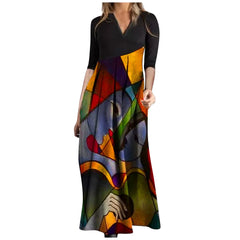 Chic V Neck Spring Summer Loose Casual Ruffle A Line Floral Printed Bohemian Beach Dress