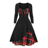 Elegant Vintage Long Sleeve Slim Dress V Neck Lace up Neckline Fashion Christmas Party