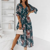 Elegant Loose V Neck Floral Dress