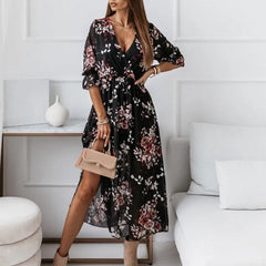 Elegant Loose V Neck Floral Dress