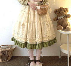 Embroidery Lace Floral Bow Ruffles Long Skirt - Sweet A-Line