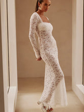Fantoye See Through Lace Long Sleeve Floral Maxi Dress