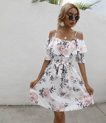 Fashion Flower Print White Dress